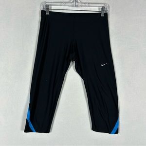 Nike Running Drawstring Capri Legging Women’s M Media Zipper Pocket Black Blue